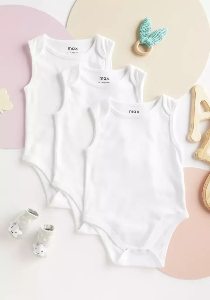 توفير ملابس بودي سوت قطن بي سي أي سادة دون أكمام بزر إغلاق - طقم 3  قطع من ماكس خلال ساعه أو ربما أقل مناسب جداً لتقديمة كهديه